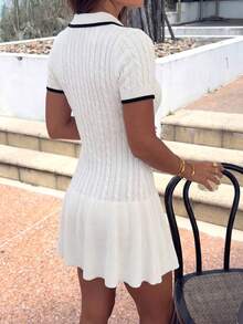 女士翻领撞色心形图案麻花针织修身腰部荷叶边下摆迷你连衣裙 - 休闲优雅百搭夏季服装 白色 - 白色 - 查看 5