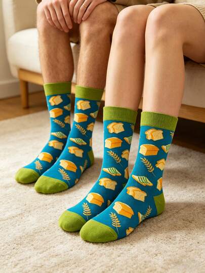 2 คู่ ถุงเท้าครึ่งแข้งลายขนมปังและข้าวสาลีสองสีสำหรับคู่รัก, ถุงเท้าส่วนบุคคลตลกสำหรับใส่ในชีวิตประจำวัน, ทุกฤดู