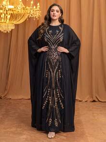 UNITHORSE Plus Size Round Neck Long Sleeve Sequin Embroidered Elegant Dress Spring Black - Black - View 5