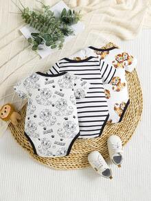 3pcs Striped Cute Lion Infant Newborn Romper Jumpsuit - White - View 2