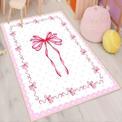 1件装 Coquette 粉色蝴蝶结地毯，适合女孩卧室，美观的心形圆点游戏垫，柔软防滑可水洗地毯，可爱复古蝴蝶结边框装饰地垫，适用于儿童房游戏室，尺寸 600x90cm