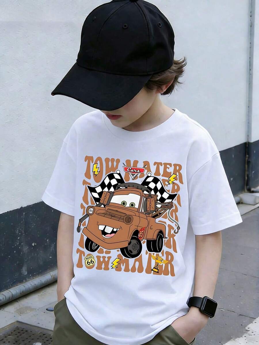 Disney Cars Tow Mater Boys T Shirt 2-14Y Kids Casual Short Sleeve Tee Cartoon Print Crewneck Top Summer Daily Wear Birthday Gift Express Delivery - Blanc - Voir 1