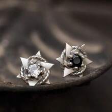 复古六芒星男士耳环，嘻哈风格锆石星星耳环，时尚百搭黑白款 - 銀色 - 查看 6