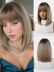 12英寸棕色渐变直发波浪假发，带蓬松刘海，女士合成耐热假发，适合日常、办公室、化妆、万圣节、圣诞节、感恩节、婚礼、派对、约会、生日、度假等场合，高品质合成纤维，自然刘海，波波头假发 - 挑染棕色 - 查看 3