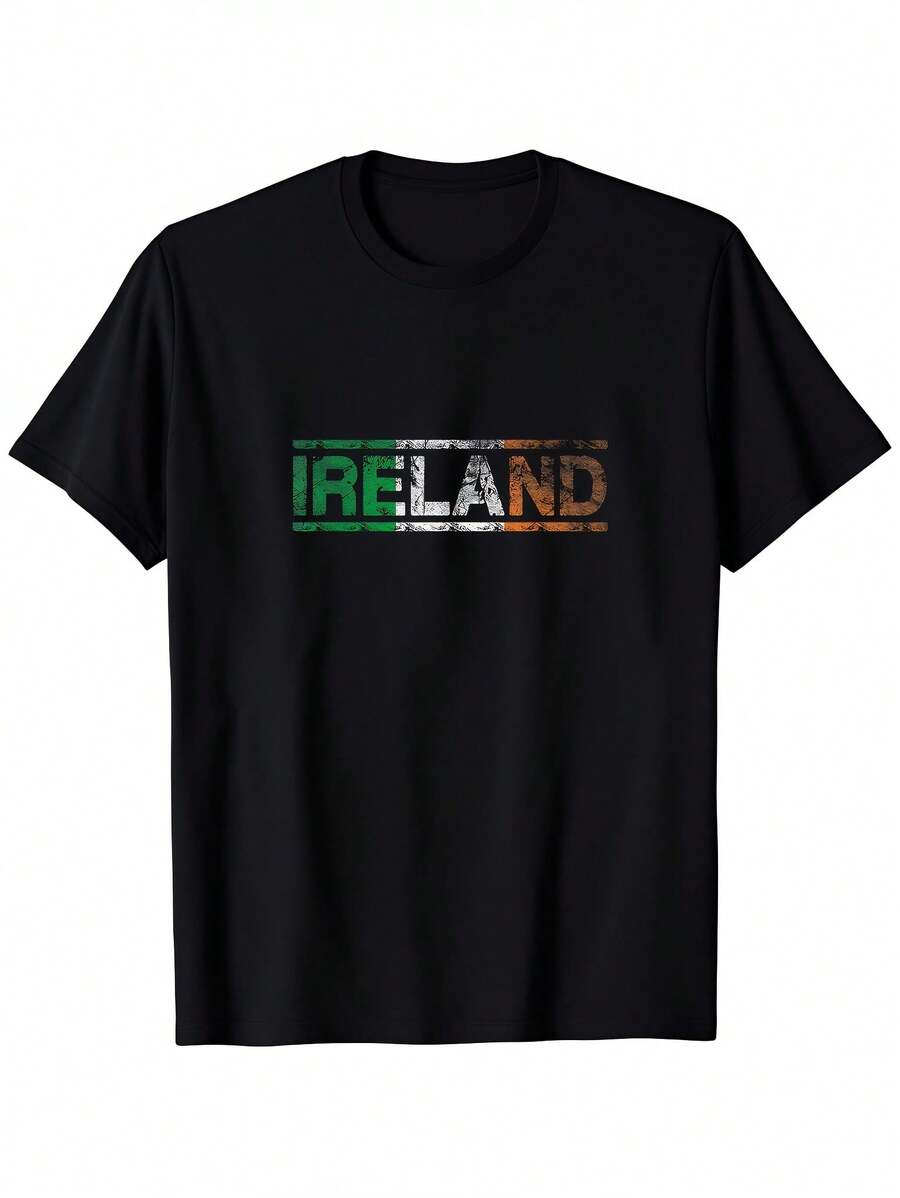 Ireland Graphic Cotton T-Shirt For Men & Women - Retro Distressed Design, 100% Cotton, S-Xxl, Casual Outdoor Tee With Bold IRELAND Print & Irish Flag Colors, Perfect For Casual Attire Or Outdoor Adventures, Hiking Apparel Bold Graphic Shirt Glossy - Black - View 1