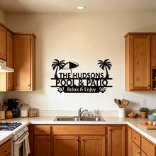 Personalized Pool And Patio Sign, Custom Family Name Metal Wall Art With Palm Tree And Surfboard Design, Outdoor Decor For Backyard And Garden, Backyard Oasis - Black - View 6