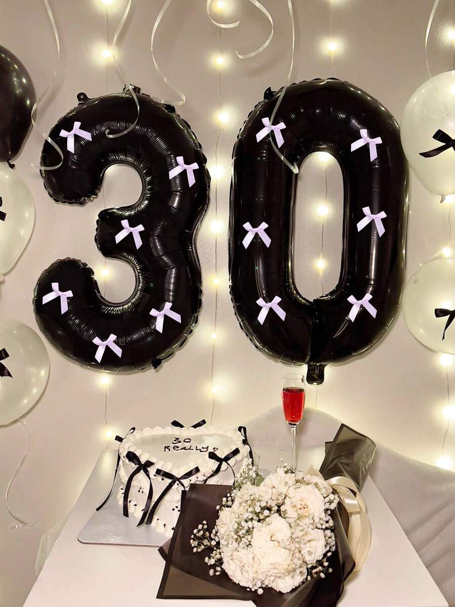 1pc 32 Inch Red Number Foil Balloon And 10pcs Black Satin Ribbon Bows, Decorative Balloons For Birthday Party, Christmas, Anniversary, Wedding Party, Party Celebration, Graduation, Valentine's Day, Shower, Bachelorette Party - Multicolor - View 1