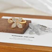 1pc Elegant Full Sparkling Cubic Zirconia Four-Leaf Clover /Flower Design Adjustable Opening Ring For Women,18K Gold Plated/Platinum Plated Statement Women's Ring.Suitable For Daily Wear, Dating, Parties, And Other Occasions, Or As A Gift For Holidays. - Four Leaf Clover - View 4