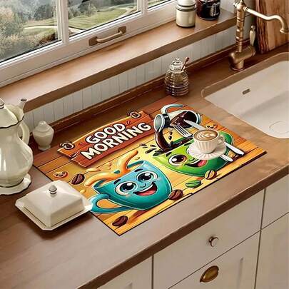 1pc Energetic Coffee Pattern Printed Kitchen Cabinet Countertop Bowl Dish Drying Mat, Super Absorbent Hides Stains, Rubber Backed Multi-Purpose Dining & Home Mat, Suitable For Coffee Maker, Bowls, Dishes Drying Rack