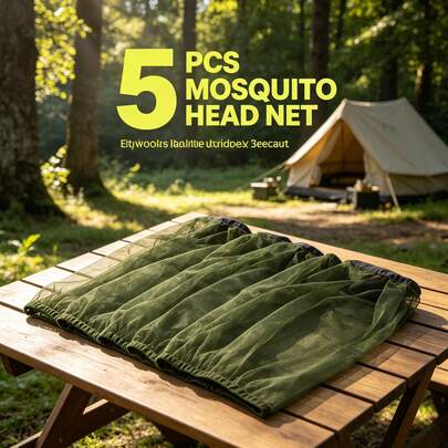 5pcs Extra Large Outdoor Fishing Night Mosquito Net With Face Mask - Suitable For Fishing, Camping, Hiking - Fits Adults And Fine Mesh Design Ensures Maximum Airflow - Fits Most Hats - Easy To Clean