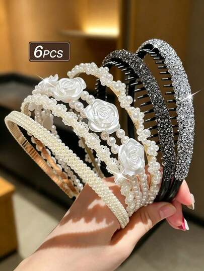 1/5/6 Stück Perlen & Strass Haarreife für Teenager Mädchen, elegante Rosen Blumen rutschfeste Haarspangen, luxuriöses tägliches Haarzubehör Set
