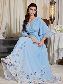 优雅女士长裙，褶裥胸前重叠领口，七分袖，印花裙摆，适合夏季、度假穿着，柔软舒适。 - 淺藍色 - 查看 6