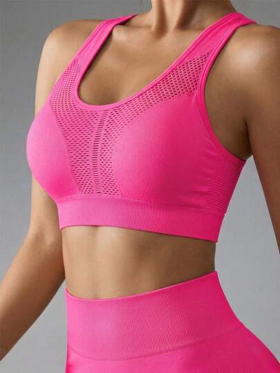 1pc Women's Breathable Mesh Seamless Summer Sports Bra, High Impact Supportive Padded Yoga Bra For Running & Fitness, Peach Pink