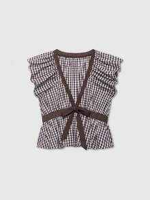 Áo nữ kẻ caro cổ chữ V sâu, xếp ly, thời trang, đa năng, thích hợp cho hẹn hò và mặc thường ngày mùa hè. - Nhiều màu - Xem 1