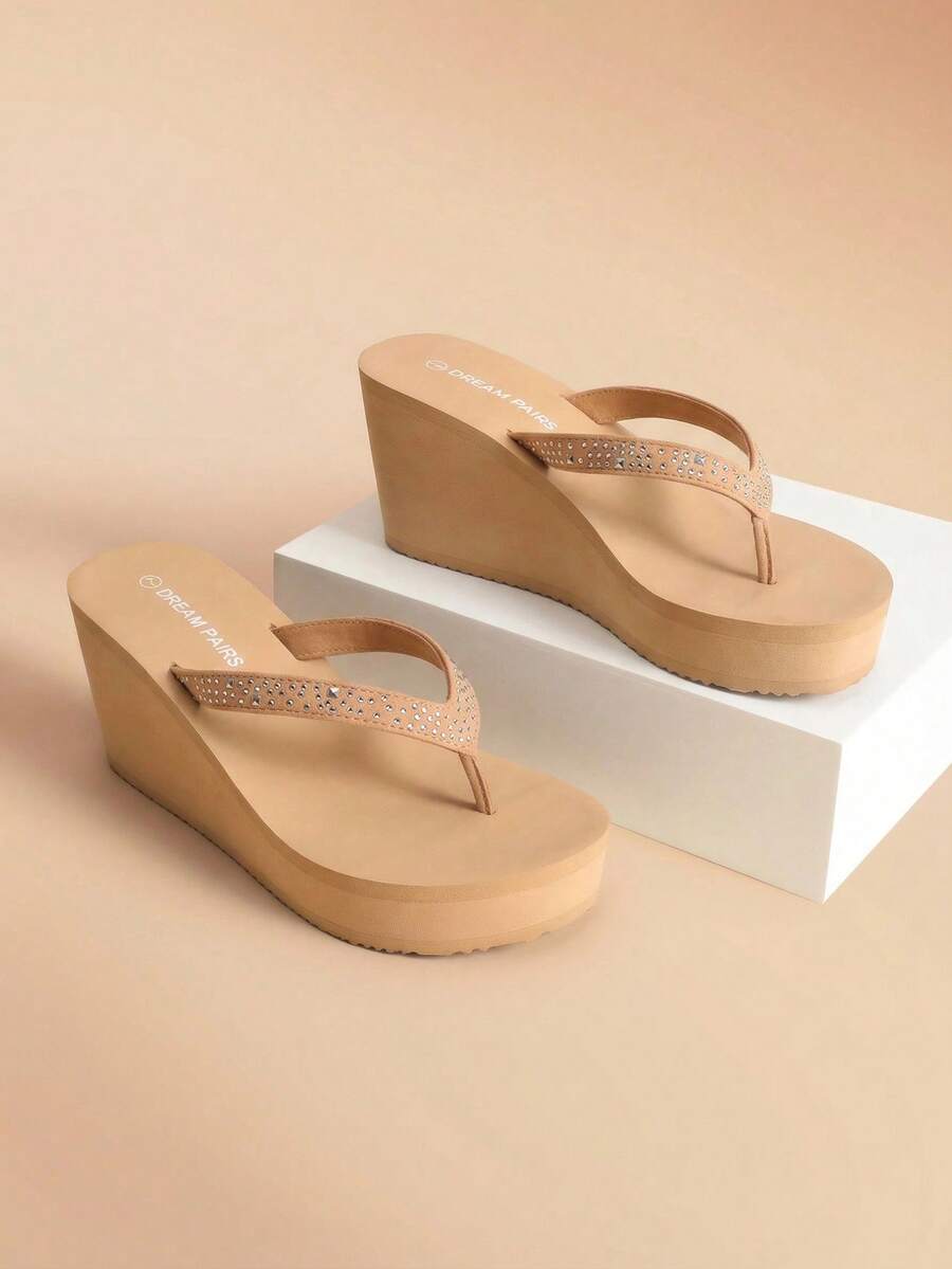Women Wedge Flip Flops Platform Thong Sandals Summer Vacation Rhinestones Arch Support Comfortable Soft Cushion EVA Wedge Sandals - Apricot - View 1
