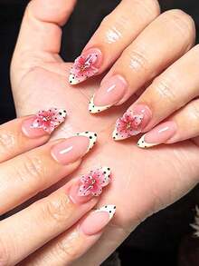 30pcs Handmade 3D Embossed Powder Floral Polka Dot French Manicure Set, Large Capacity Kit Includes Buffing & Soak Off Gel, Suitable For Sweet Girls/Brides, Dates/Weddings/Photography - Baby Pink - View 1