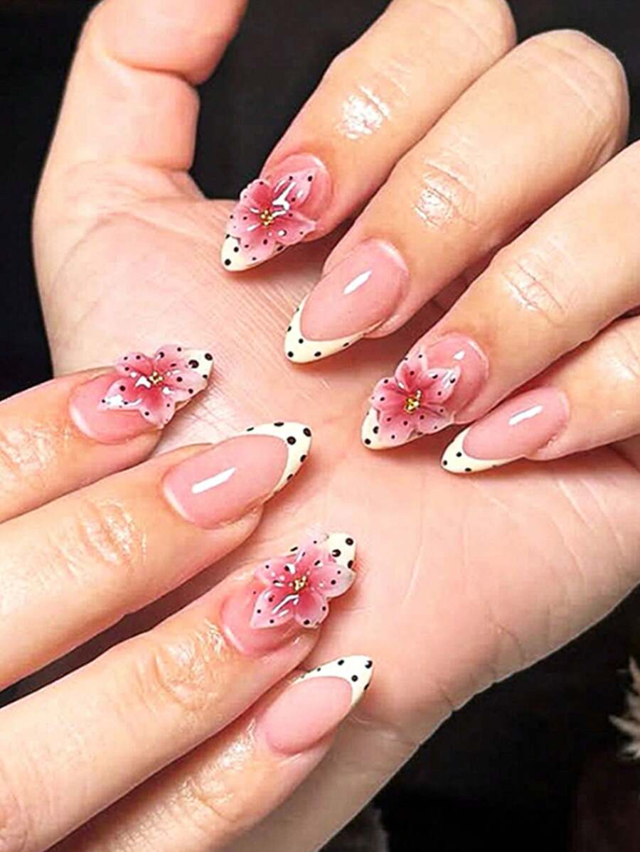 30pcs Handmade 3D Embossed Powder Floral Polka Dot French Manicure Set, Large Capacity Kit Includes Buffing & Soak Off Gel, Suitable For Sweet Girls/Brides, Dates/Weddings/Photography - Baby Pink - View 1