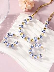Bộ trang sức 3 món kiểu Trung Quốc cổ điển, giả sứ men lam trắng, gồm dây chuyền và bông tai, thích hợp cho nữ giới mặc hàng ngày và dự tiệc. - Nhiều màu - Xem 1