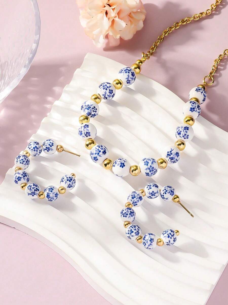 Bộ trang sức 3 món kiểu Trung Quốc cổ điển, giả sứ men lam trắng, gồm dây chuyền và bông tai, thích hợp cho nữ giới mặc hàng ngày và dự tiệc. - Nhiều màu - Xem 1