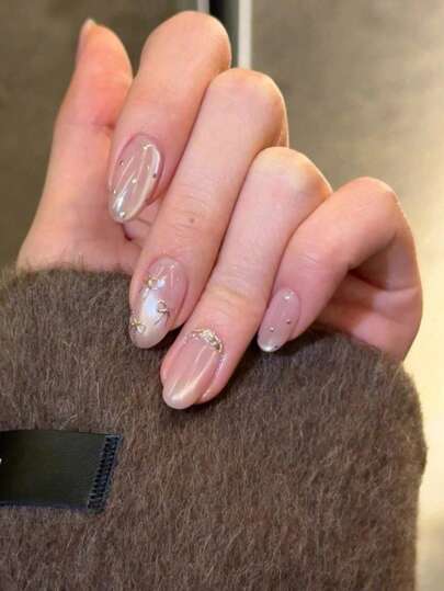 10 Pcs Medium Length Almond Press-On Nails, Pink Cat Eye Design, Adorned With Bows And Polka Dots, Suitable For Daily And Festive Wear, Reusable, Perfect Fit For Women And Girls, Oval Nails, Short Press-On Nails