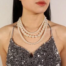 2pcs Set European And American Crossborder Accessories Large Pearl Necklace Elegant Multi-Layered Beaded Choker Necklace For Women - White - View 12