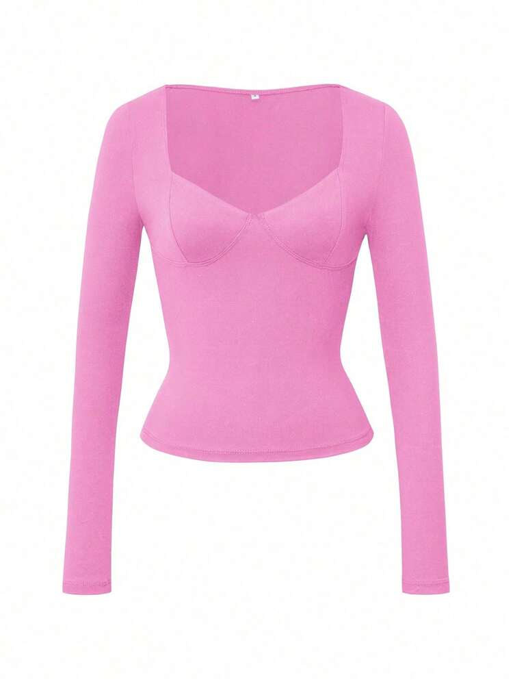 Blusa de mujer Vaiaye de cuello en V profundo, manga larga, ajustada y de unicolor, apropiada para usar en el Día de San Valentín - Rosa - Añade 3