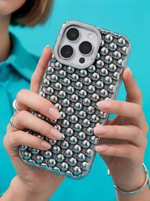 合金奢华金属珠镶嵌高级镂空钢珠电镀哑光银色手机壳，兼容 16、15 Pro Max、17/17 Pro/17 Pro Max、新款14软壳、13防摔保护套、15超时尚款、16 Pro创意ins风生日礼物 - 銀色 - 查看 2