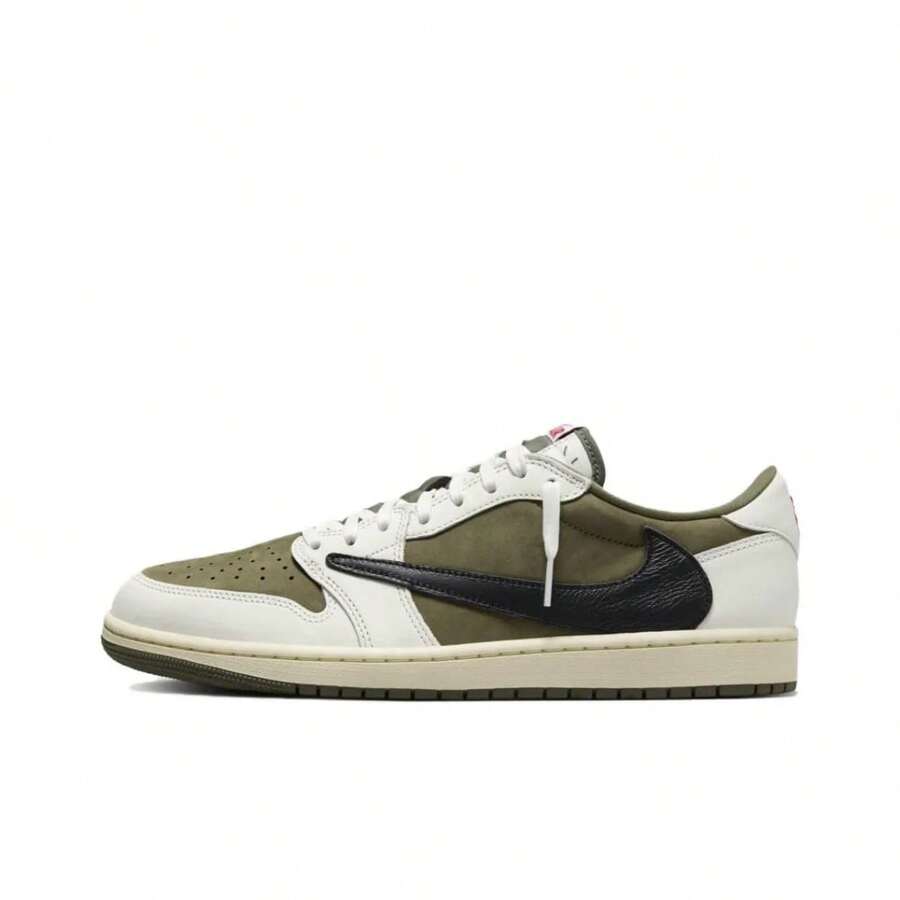 Nike Jordan * Travis Scott Air Jordan 1 Reverse Swoosh 8.0 Low OG "Medium Olive" Low-Top Retro Basketball Shoes, Unisex, Beige/Green - DM7866-200 - 查看 1