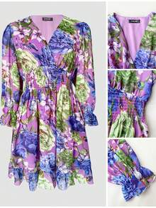 ChicMe Women's Elegant Floral Layered V-Neck Long Sleeve Dress, Waist-Cinched Pleated Ruffle Chiffon Vacation Style Flared Mini Dress, Summer Style - Lilac Purple - View 7