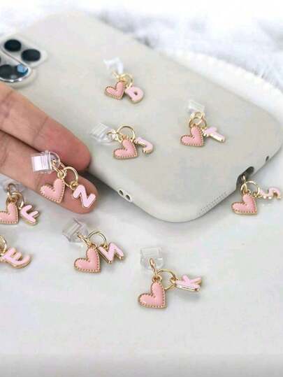 Pink Heart-Shaped 26-Letter Dust Plug, Letter Heart-Shaped Mobile Phone Earphone Charging Port Protective Cover Accessories, Suitable For DIY Mobile Phone Decoration, Universal Type-C Charging Port Dust Plug