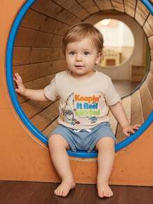 Boys Summer Shorts Sets Short Sleeve O Neck Letter Fish Rod Embroidery Tops And Solid Color Shorts - Blue - View 3