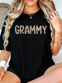 Casual Style Women's T-Shirt Floral Grammy Print Summer Wear Gift For Grandmother - 黑色 - 查看 1