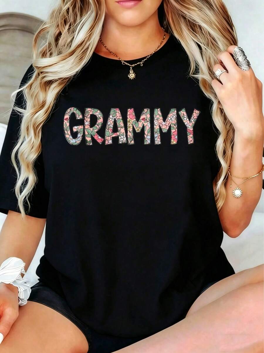 Casual Style Women's T-Shirt Floral Grammy Print Summer Wear Gift For Grandmother - 黑色 - 查看 1