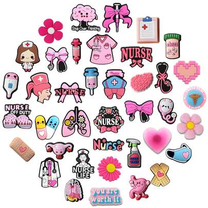 10/20/30pcs Pink Doctor Nurse Medical Supplies Series DIY Decor, Suitable For Shoes, Keychains, Sandals, Beach Bags, PVC Clog Shoe Charms, High-Quality Popular Decorative Accessories, Christmas Birthday Party Gifts