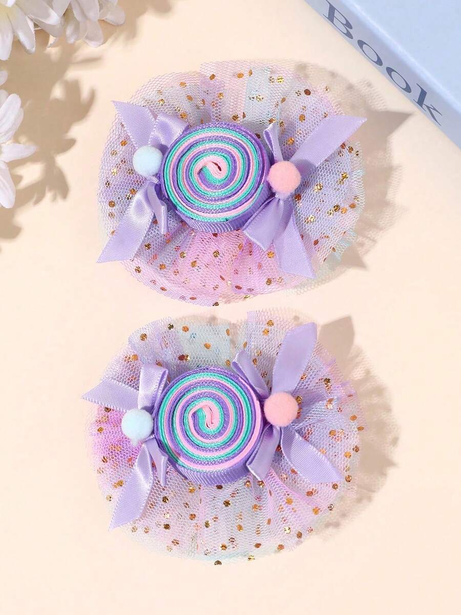 2pcs Girls Cute Spring/Summer Collegiate Style Double-Layer Ribbon Bow Soft Clay Watermelon Decor Hair Clips,Festival,Party - Multicolor - View 1