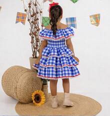 Children's And Teens' Country-Style Dress For June Festivals, Traditional Square Dances, Saint John's Day, Borboletinhas Kids - 藍色格子 - 查看 3