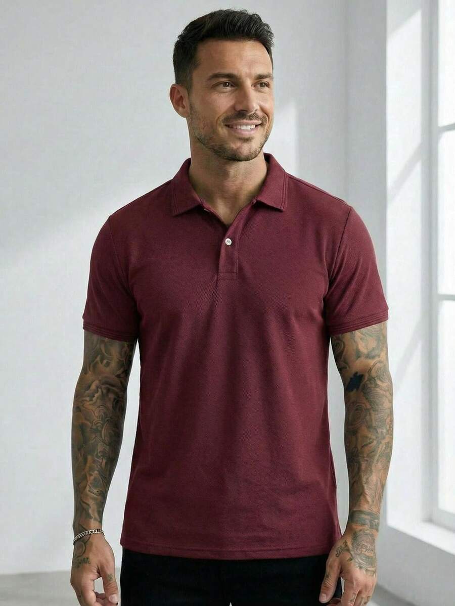 YLF MODAS Camisa POLO Básica de Verão com Gola Clássica e Manga Curta Confortável e Respirável - Vinho - Visão 1