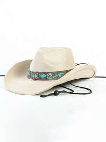 Un sombrero vaquero occidental de ante para hombres y mujeres, con bordado retro en verde esmeralda, diseño de ala ancha, correa ajustable en el ala, protección UV para uso al aire libre, adecuado para vacaciones, reuniones, actividades al aire libre y uso diario en la playa. - Sombrero de mariposa bordado en gamuza - Ver 12