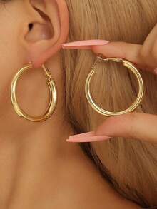 1pair Ladies' Gold-Color Circle Tube C Shape Hoop Earrings - Gold - View 1