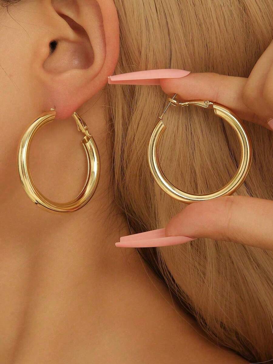 1pair Ladies' Gold-Color Circle Tube C Shape Hoop Earrings - Gold - View 1