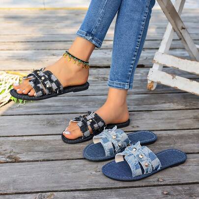New Women's Comfortable Flat Sandals, Versatile For Outdoor, Suitable For Summer, Outdoor, Home/Office, Vacation & Beach, Metal Decor, Low-Key Elegant, Casual Comfortable Fashionable Flat Sandals, 3 Strap Design, Foot-Shaped, Non-Tiring For Walking, Fabric Upper And Insole For Extra Comfort