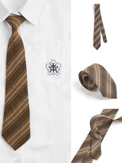 1pc Coffee Striped Handmade Unisex Necktie, Suitable For Casual, Streetwear, Retro & Unique Style