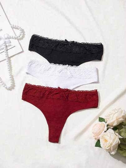 3pcs Women's Panties Set, Sexy Lace Bikini Briefs With Bow Design, Low Waist Comfortable Thong, Women's Lingerie Set