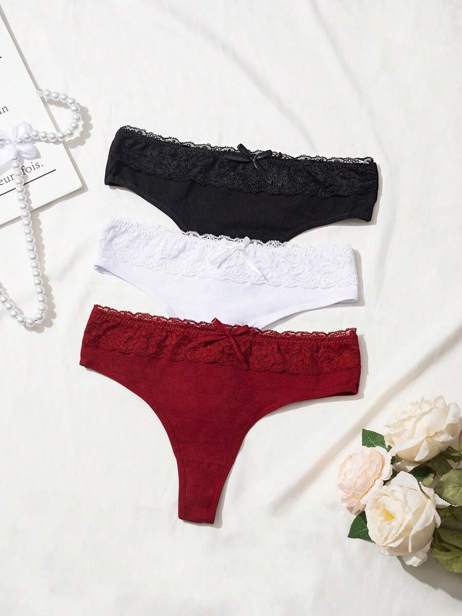 3件套女士内裤套装，性感蕾丝比基尼三角裤，蝴蝶结设计，低腰舒适丁字裤，女士内衣套装 - 彩色 - 查看 1