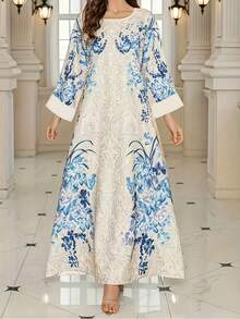 Đầm Abaya dài tay in hoa thanh lịch dành cho nữ, màu be nhạt với hoa xanh và trắng, kiểu dáng truyền thống duyên dáng. - Màu be - Xem 1