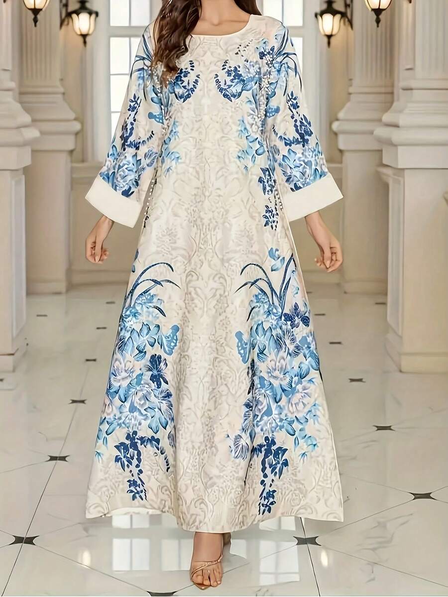 Đầm Abaya dài tay in hoa thanh lịch dành cho nữ, màu be nhạt với hoa xanh và trắng, kiểu dáng truyền thống duyên dáng. - Màu be - Xem 1