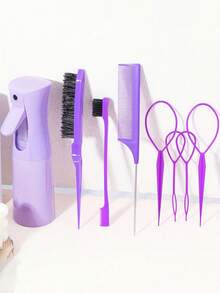 8pcs Professional Hairstyling Tool Set, Includes Hair Gel Bottle, Braid Rings, Tail Comb, Detangling Brush, Edge Control Brush, Suitable For All Hair Types And Hairstyles, Hairstyling Tool Kit - Multicolor - View 9