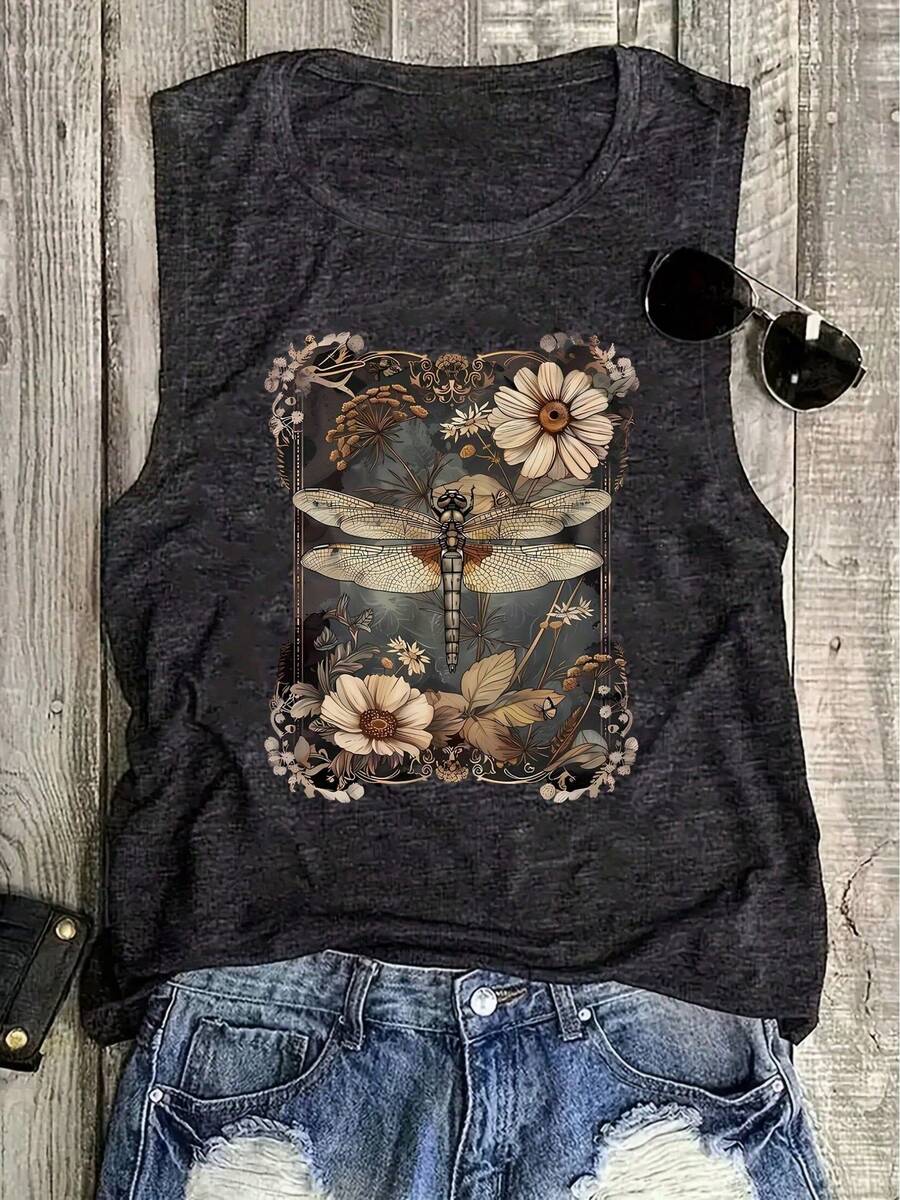 Women's Retro Dragonfly Flower Botanical Print Tank Top, 180G Vest Casual Summer Top, Cottagecore Aesthetic Tees, Festival Outfits For Women - 深灰色4 - 查看 1