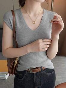时尚V领无袖修身针织背心，女士夏季新品 - 灰色 - 查看 5