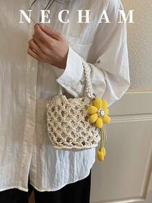 1pc Floral Decor Minimalist Hollow Out Solid Color Handbag, Niche Design Versatile Tote Bag - White - View 4